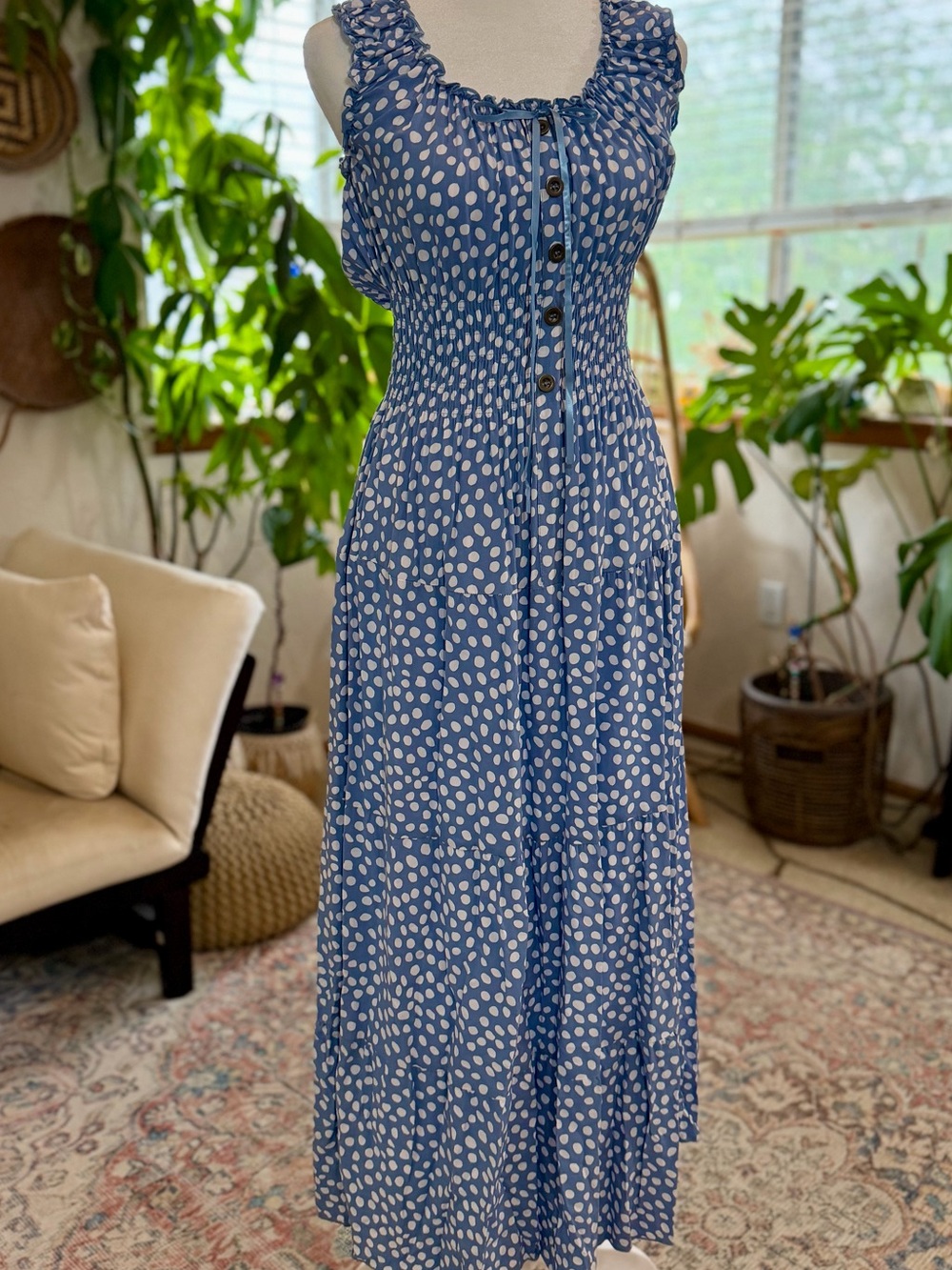 Blue White Polka Dot Boho MILKMAID Dress Peasant Sundress Smocked Maxi Dress S - Picture 4 of 10